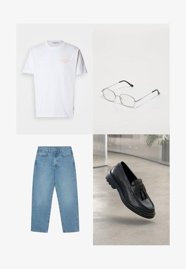 White cotton t-shirt with short sleeves, featuring "ANTICO BAR" printed in light orange on the left chest and a round neckline.; Light blue denim jeans with a straight-leg cut, five-pocket design, and a slightly faded texture. Features a button and zipper closure.; Black leather loafers with a smooth finish, decorative tassel, thick rubber sole, and stitched accents. Lightweight and sleek design.; Metal eyeglasses with an oval frame, silver bezels, and clear lenses. Slim, straight arms with black tips, minimalist design.