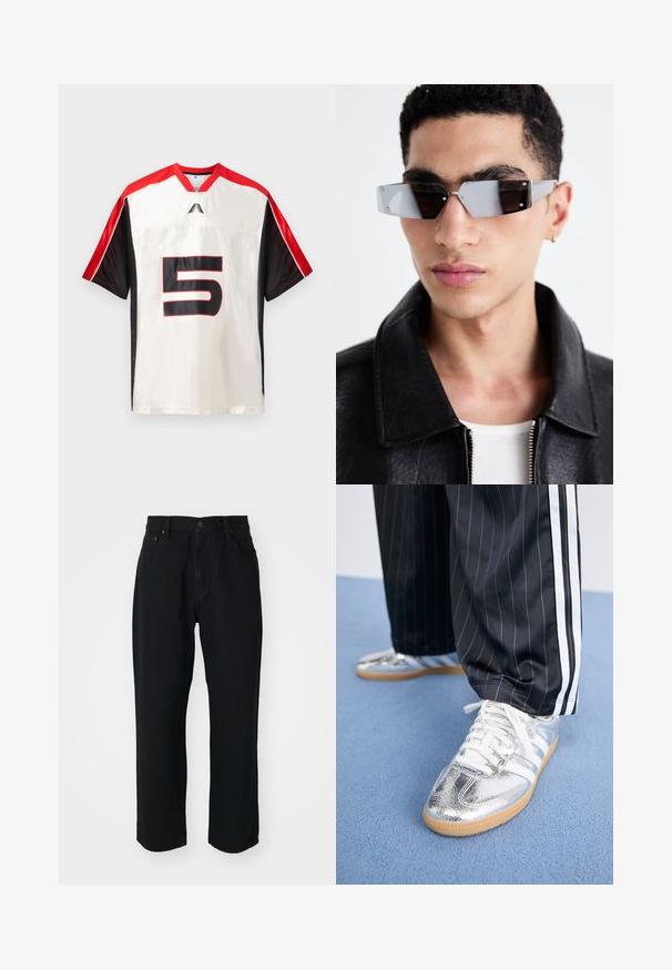 Αθλητική μπλούζα κοντομάνικη σε λευκό και μαύρο χρώμα, με κόκκινες λεπτομέρειες. Διαθέτει μεγάλο μαύρο αριθμό "5" μπροστά και πλέγμα στις πλαϊνές πάντες.; Μαύρα τζιν παντελόνια με ίσια γραμμή, ελαφριά υφή, σχέδιο πέντε τσεπών και κουμπί στη μέση.; Μεταλλικά ασημί αθλητικά παπούτσια με λευκές κορδόνες και τρεις λευκές ρίγες, συνδυασμένα με μαύρο παντελόνι με ρίγες. Έντονη σόλα από τσίχλα στο κάτω μέρος.; Γωνιακά γκρι-σκιασμένα γυαλιά ηλίου με ασημί υλικά, τοποθετημένα σε ανοιχτό φόντο. Οι φακοί έχουν μια μοναδική γεωμετρική μορφή.