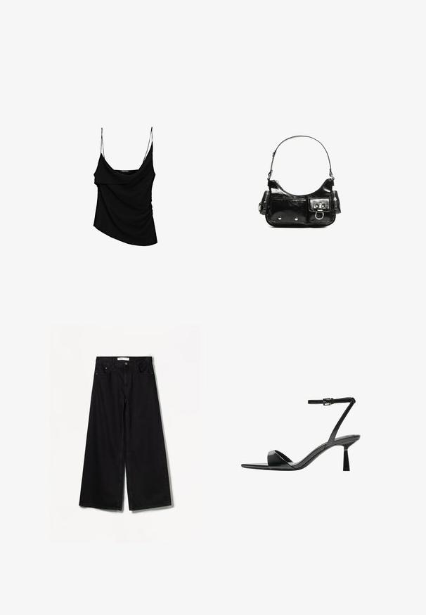 Czarna koszulka na ramiączkach z cienkimi regulowanymi paskami, z drapowanym przodem i marszczonym boku, wykonana z lekkiego materiału.; Bershka WIDE czarny; Bershka - Sandały na obcasie; Czarna torebka z lakierowanej skóry o zaokrąglonym kształcie, z jednym paskiem na ramię, przednimi kieszeniami i akcentami w kolorze srebrnym.
