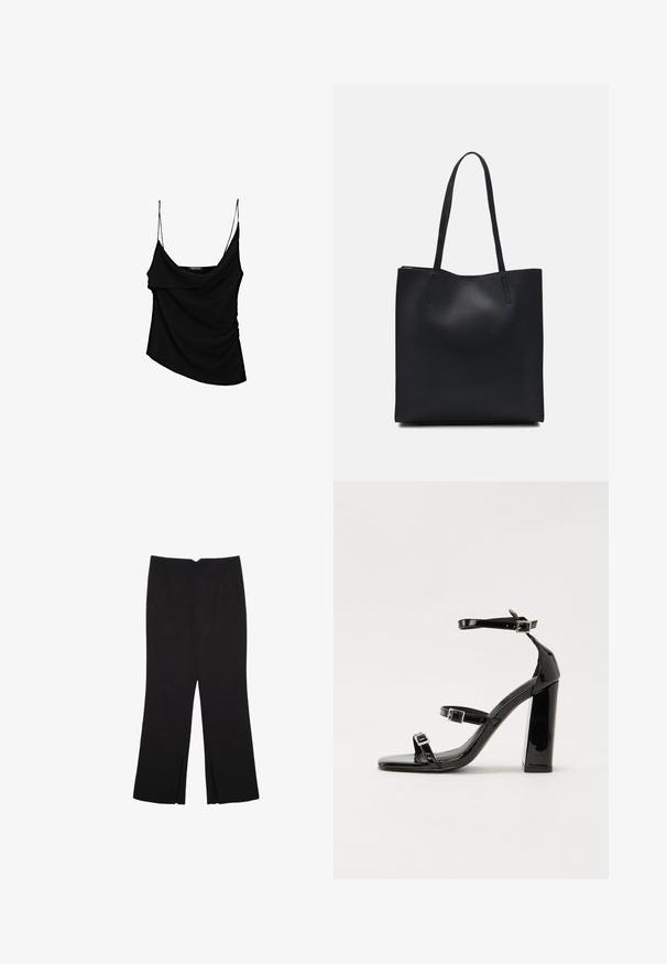 Camisola nera con sottili spalline regolabili, caratterizzata da un davanti drappeggiato e dettagli arricciati sul lato, realizzata in tessuto leggero.; Pantaloni neri a gamba dritta, con tasche frontali e spacchi laterali all'orlo. Realizzati in tessuto morbido e liscio. Adatti a diverse occasioni.; Sandali con tacco alto in vernice nera con due cinturini con fibbia, punta quadrata e tacco spesso a blocco, caratterizzati da una texture liscia e lucida.; Borsa tote in pelle nera con texture liscia, forma rettangolare e due manici lunghi. Nessun hardware o decorazione visibile.
