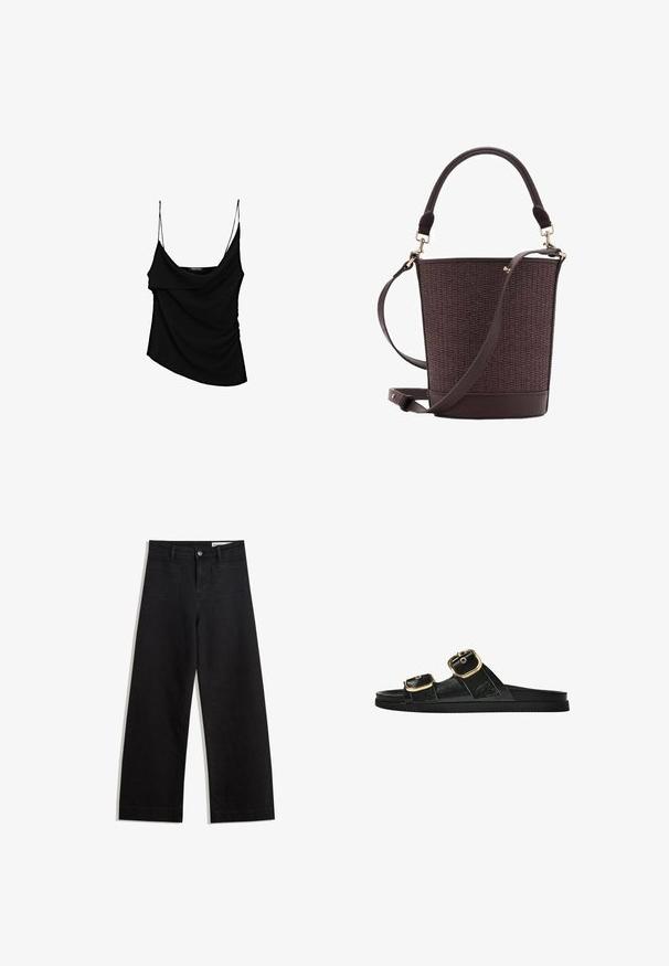 Camisola nera con sottili spalline regolabili, caratterizzata da un davanti drappeggiato e dettagli arricciati sul lato, realizzata in tessuto leggero.; Pantaloni in denim neri a gamba larga con vita alta, dotati di tasche anteriori e posteriori, cuciture a punto, e chiusura con bottone. Texture liscia.; Infradito neri con due accenti di fibbia dorata, materiale dalla texture liscia, suola piatta e design minimalista.; Borsa a secchiello intrecciata marrone con fondo in pelle liscia, manico superiore e tracolla regolabile. Presenta dettagli in metallo dorato.