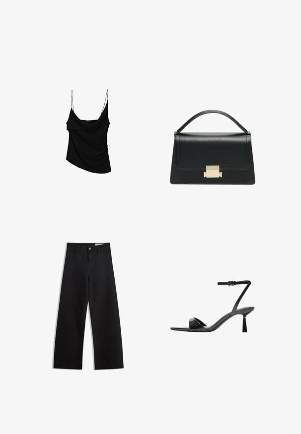 Camisola nera con sottili spalline regolabili, caratterizzata da un davanti drappeggiato e dettagli arricciati sul lato, realizzata in tessuto leggero.; Pantaloni in denim neri a gamba larga con vita alta, dotati di tasche anteriori e posteriori, cuciture a punto, e chiusura con bottone. Texture liscia.; Bershka Sandali con tacco - black; Borsa a tracolla in pelle nera con design strutturato, manico superiore e dettaglio in metallo dorato sulla parte frontale. Texture liscia, cuciture minime.