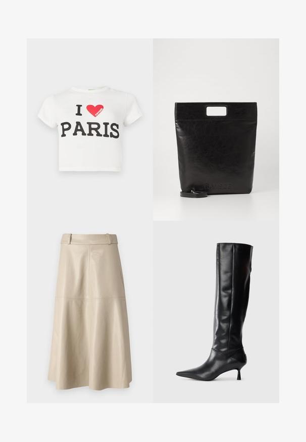 Fehér, rövid ujjú, cropped póló "I ♥ FUTURE PARIS" felirattal, piros szív grafika a "FUTURE" szóval a belsejében.; Beige bőr midi szoknya sima textúrával, széles derékpánttal és bővülő szegéllyel; varrt varrásokkal rendelkezik, hogy fokozza a részleteket.; Fekete bőr, térd fölé érő csizma hegyes orral és karcsú, ívelt sarokkal. Sima tapintás, testhez simuló kialakítás, és látható fémalkatrészek vagy minták nélkül.; Fekete bőr bevásárlótáska négyzet alakú fogantyúval, texturált felülettel és dombornyomott logóval. Tartalmaz egy levehető pántot.