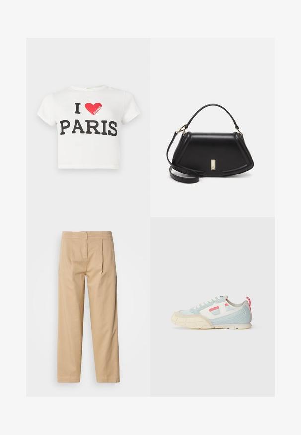 White short-sleeve cropped T-shirt with "I ♥ FUTURE PARIS" printed, red heart graphic includes the word "FUTURE" inside.; Beige cotton pants with a relaxed fit, featuring two front pleats, a straight leg, and a classic button closure at the waistband.; Sneaker featuring a light blue and white design with textured suede, contrasting pink accents, and a chunky cream outsole.; Black leather handbag with a structured design, featuring a cropped shape, top handle, and gold hardware accent. Adjustable shoulder strap included.
