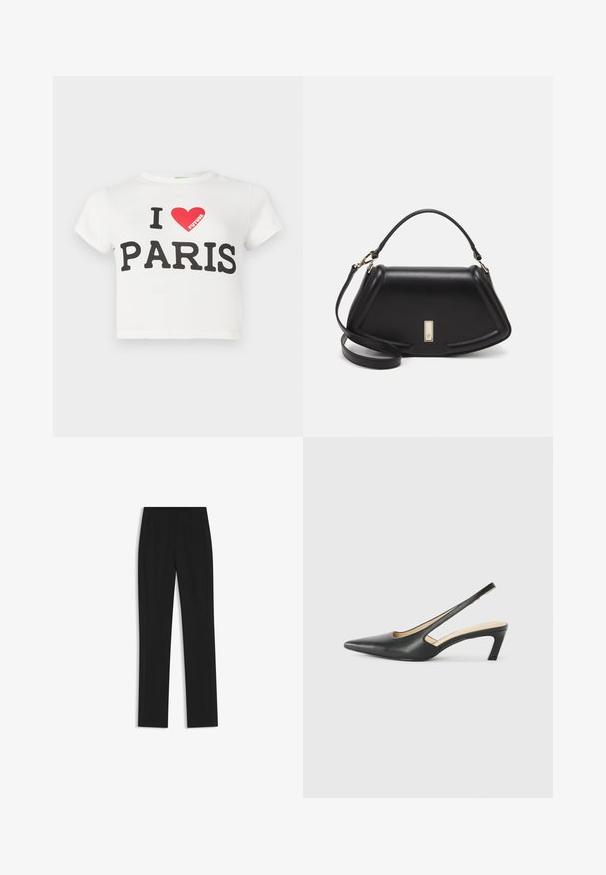 White short-sleeve cropped T-shirt with "I ♥ FUTURE PARIS" printed, red heart graphic includes the word "FUTURE" inside.; Black tailored trousers with a straight-leg design, featuring front pockets and a smooth, textured fabric. Neat, minimal detailing.; Black pointy-toed slingback shoe with a low heel, featuring smooth leather material and cut-out design on the side for breathability.; Black leather handbag with a structured design, featuring a cropped shape, top handle, and gold hardware accent. Adjustable shoulder strap included.
