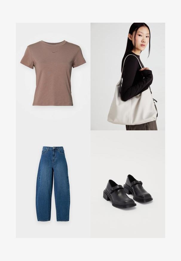 Brun kortermet t-skjorte laget av glatt stoff, med rund hals og en liten, brodert Nike-logo på brystet.; Denimjeans i en middels blå vask, med høy midje, vide ben og standard fem-roms design med synlige sømdetaljer.; Sorte lærersko med rund tå, flat såle og en rem med spenne-detalj. Kraftig blokkhæl for bedre stabilitet.; Beige håndveske laget av mykt materiale, med en slapp design, sydd detaljer og to skulderstropper. Passer for daglig bruk.