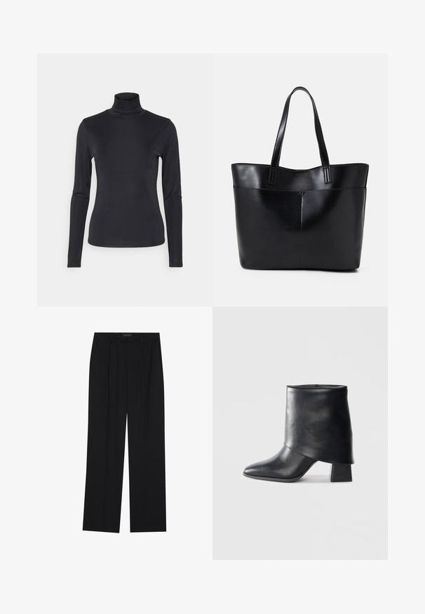 Schwarzes Langarm-Turtleneck-Oberteil aus einem glatten, dehnbaren Stoff. Hat ein figurbetontes Design und einen hohen Kragen. Minimalistischer Stil, keine sichtbaren Muster.; Schwarze Hose mit geradem Bein, ausgestattet mit zwei frontalen Taschen und einem Taillenbund. Hergestellt aus einem glatten, leichten Stoff.; Schwarze Lederstiefelette mit spitzer Zehenform, glatter Oberfläche und strukturiertem Blockabsatz. Mit einem hohen, gefalteten Schaftdesign.; Schwarze Leder-Shopper-Tasche mit zwei langen Griffen, einer glatten Textur und einer strukturierten Form. Verfügt über eine Vordertasche für zusätzlichen Stauraum.
