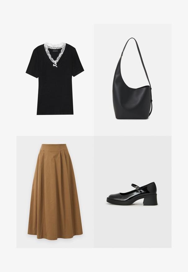 T-shirt nera a maniche corte con scollatura a V, caratterizzata da un colletto in pizzo bianco e un piccolo fiocco sul collo. Tessuto morbido e liscio.; Gonna A-line in cotone marrone con vita alta, caratterizzata da pince sulla parte anteriore e una texture liscia. Le finiture dell'orlo sono pulite e semplici.; Scarpa Mary Jane in vernice nera con punta arrotondata, cinturino regolabile e tacco quadrato chunky. Presenta una suola testurizzata.; Borsa hobo nera in pelle con una superficie liscia, forma curvata e una singola tracolla regolabile; presenta un'ampia apertura nella parte superiore.