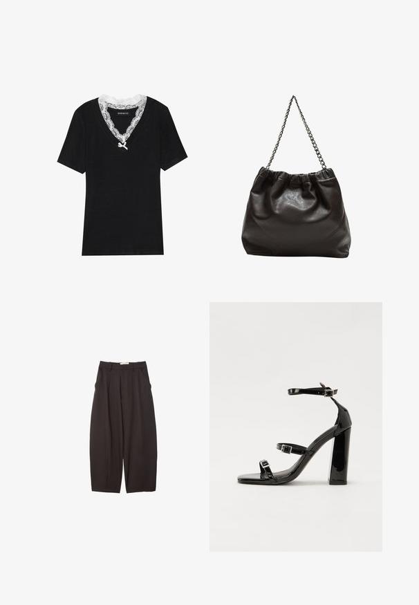 Schwarzes Kurzarm-T-Shirt mit V-Ausschnitt, das einen weißen Spitzenkragen und ein kleines Schleifendetail am Ausschnitt hat. Weicher, glatter Stoff.; Schwarze weit geschnittene Hosen aus einem glatten Stoff, mit hoher Taille, Frontfalten und Seitentaschen. Schlichtes Design ohne Verzierungen.; Schwarze patentierte Sandalen mit Absatz, quadratischer Spitze, Knöchelriemen und silbernen Schnallen. Mit einem stabilen Blockabsatz für mehr Stabilität.; Braune Lederhandtasche mit gerafftem Oberteil und Kettenriemen. Glatte Textur mit glänzendem Finish und subtilen Nahtdetails an den Seiten.