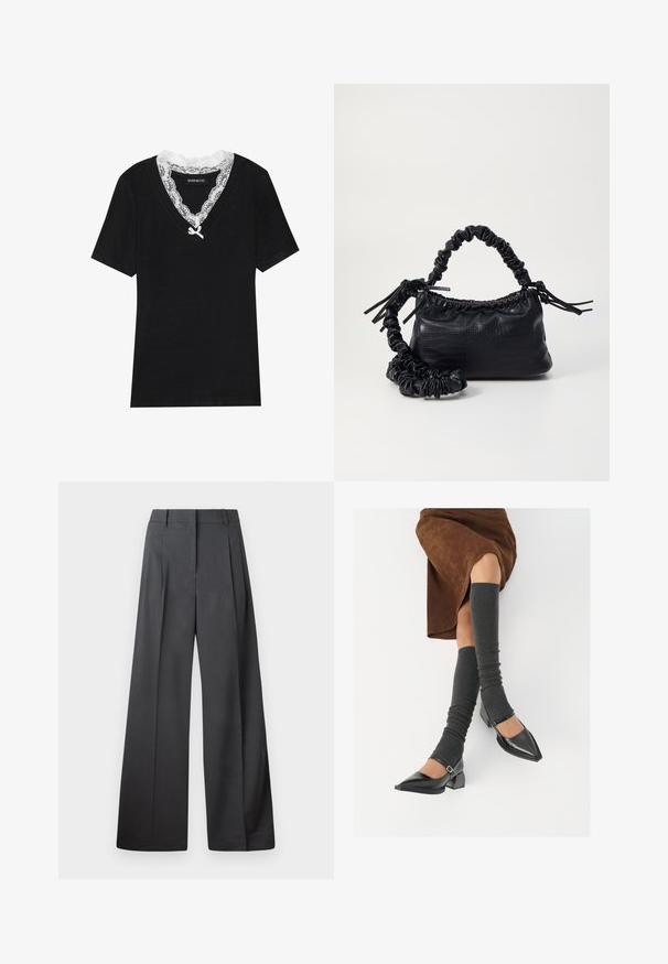 Melna īsām piedurknēm T-krekls ar V-veida kakla izgriezumu, ar baltu mežģīņu apkakli un nelielu loku detaļā pie kakla. Mīksta, gluda auduma.; Platās kājas bikses tumši pelēkā audumā, ar augstu jostasvietu, ar vienu uzpūstu vīli un gludu tekstūru ar tīru apdari ap malām.; Melnas laka ādas apavi ar norādītu purngalu, blokveida papēdi un potīšu jostu, saskaņoti ar pelēkām ribotām kāju sildītājām un brūnu zamšādas svārku.; Melnā mākslīgās ādas rokassoma ar krokodila rakstu, savilkta augšdaļa un saburzīta siksna. Izskatās mīksta un kompakta pēc dizaina.