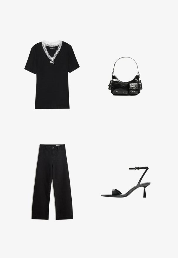 Zwart T-shirt met korte mouwen en V-hals, voorzien van een witte kanten kraag en een klein strikdetail bij de halslijn. Zacht, glad materiaal.; Zwarte denim broek met wijde pijpen en een hoge taille, voorzien van voor- en achterzakken, gestikte naden en een knoopsluiting. Gladde textuur.; Bershka Sandalen met hoge hak - black; Zwarte laarzen in lakleer met een gebogen vorm, één schouderband, voorvakken en accenten in zilverkleurig metaal.