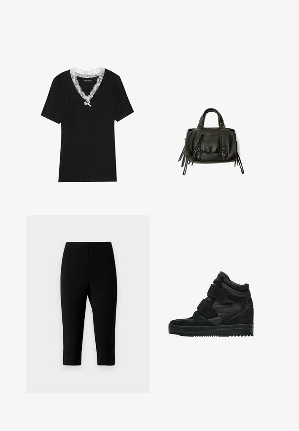 Černé tričko s krátkým rukávem a výstřihem do V, zdobené bílou krajkovou nákolenicou a malou mašlí na výstřihu. Měkká, hladká tkanina.; Černé capri kalhoty vyrobené z elastické látky, s přiléhavým střihem, který končí těsně pod kolenem, s hladkou texturou a bez viditelných švů.; Černé vysoké tenisky vyrobené z semiše a síťoviny, s suchými zipy, hladkým povrchem a texturovanou gumovou podrážkou pro lepší přilnavost.; Černá kožená kabelka s pletenými rukojetmi, kapsou na zip a visícími třásněmi. Texturovaný povrch s kovovými hroty a kovovými akcenty.