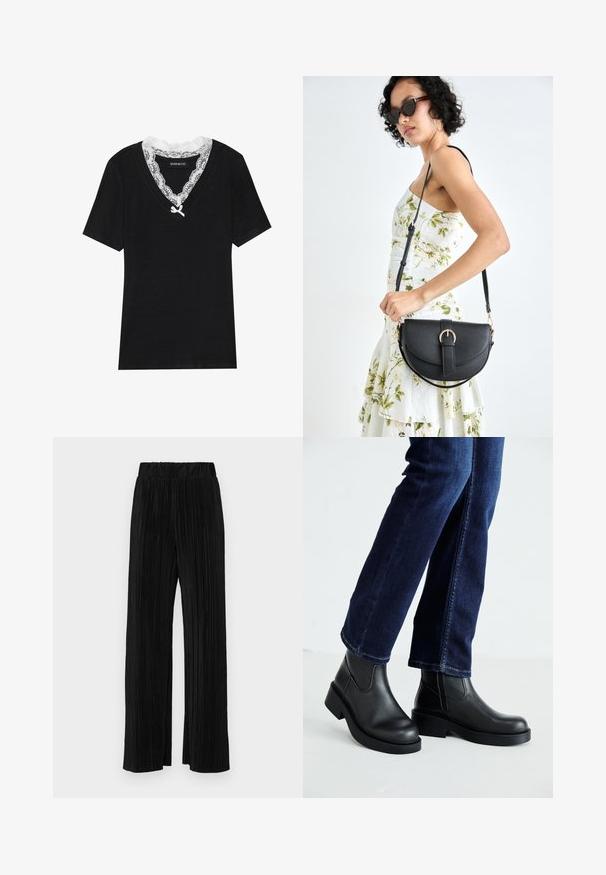 Črna kratka majica z V-izrezom, ki ima belo čipkastoko ovratnik in majhno pentljo pod izrezom. Mehka, gladka tkanina.; Črne plisirane hlače z elastičnim pasom. Imajo široke noge in gladko, teksturirano tkanino z navpičnimi črtami.; Črne usnjene gležnjarje z debelim podplatom in stranskimi elastičnimi paneli, v kombinaciji s temno modrimi kavbojkami. Tla so svetle barve.; Črna usnjena torbica s ukrivljeno obliko, z odstranljivo naramnico in zlatimi dodatki. Torbica ima pokrov s podrobnostmi v obliki zaponke.