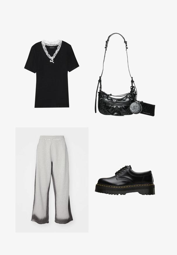 Czarna koszulka z krótkim rękawem i dekoltem w serek, ozdobiona białą koronkową kołnierzykiem oraz małym kokardką przy dekolcie. Miękka, gładka tkanina.; Szare dresowe spodnie o teksturowanym wykończeniu, z stopniowym ciemnoszarym przejściem na dole, elastycznym pasem w talii i szerokimi nogawkami.; Czarne skórzane buty sznurowane z grubą, ząbkowaną czarną gumową podeszwą i żółtym przeszyciem wzdłuż krawędzi, charakteryzujące się gładkim wykończeniem.; Czarna torebka z syntetycznej skóry o zakrzywionym kształcie, z kieszenią na zamek błyskawiczny z przodu oraz dekoracyjnymi elementami, a także odpinaną okrągłą saszetką na monety.