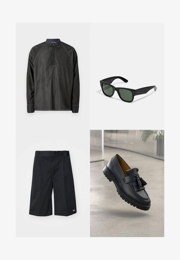 Chemise noire à manches longues en tissu léger, avec un design à col, une patte de boutonnage et un logo subtil brodé sur la poitrine.; Shorts noirs au design ajusté, avec des plis à l'avant plats, une taille standard et des poches latérales. Fabriqués en tissu robuste.; Mocassin en cuir noir avec un détail en pampilles, finition lisse et semelle en caoutchouc avec des rainures de traction. Intérieur doublé de brun contrastant.; Lunettes de soleil rectangulaires noires avec verres verts, finition mate, accents matériels subtils et logo en relief sur la branche.