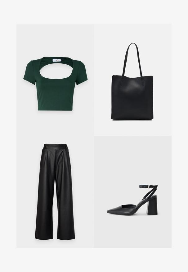 Žalia trumpa palaidinė, pagaminta iš minkštos medžiagos, su plačiu kvadrato formos iškirpimu ir trumpomis rankovėmis, su minimaliais siuvimo akcentais.; Juodi, platūs odiniai kelnių modeliai, turintys aukštą liemenį, klostes ir dvi apvalias mygtukus priekyje užsegimui.; Juoda odinė smailiagalė aukštakulnio bateliai su kulkšnies dirželiu ir storu kulnu. Lygus paviršius, elegantiškas dizainas ir minimalistiška estetinė. ; Juodas odinis tote krepšys su lygia tekstūra, stačiakampio formos ir dviem ilgais rankenomis. Matomų metalinių detalių ar puošybos nėra.