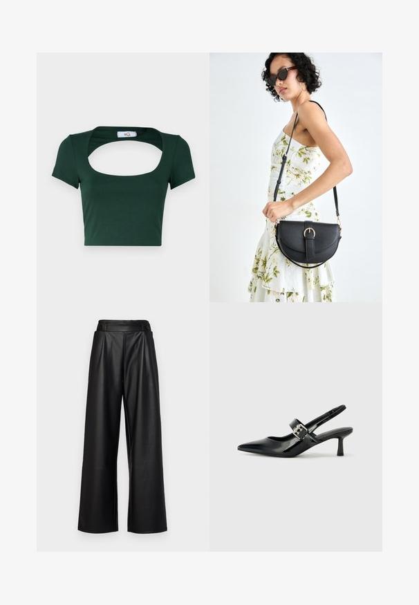 Zelené zkrácené tričko vyrobené z měkké tkaniny, s širokým čtvercovým výstřihem a krátkými rukávy, s minimálními švy.; Černé široké kalhoty vyrobené z kůže, s vysokým pasem, plisováním a dvěma kulatými knoflíky na přední straně pro uzavření.; Černé lakované boty na podpatku typu slingback s špičatou špičkou a malým blokovým podpatkem, které mají na pásku stříbrný přezkový akcent.; Černá kožená kabelka s křivkovým tvarem, odnímatelným popruhem a zlatými detaily. Kabelka má klopu s přezkou.