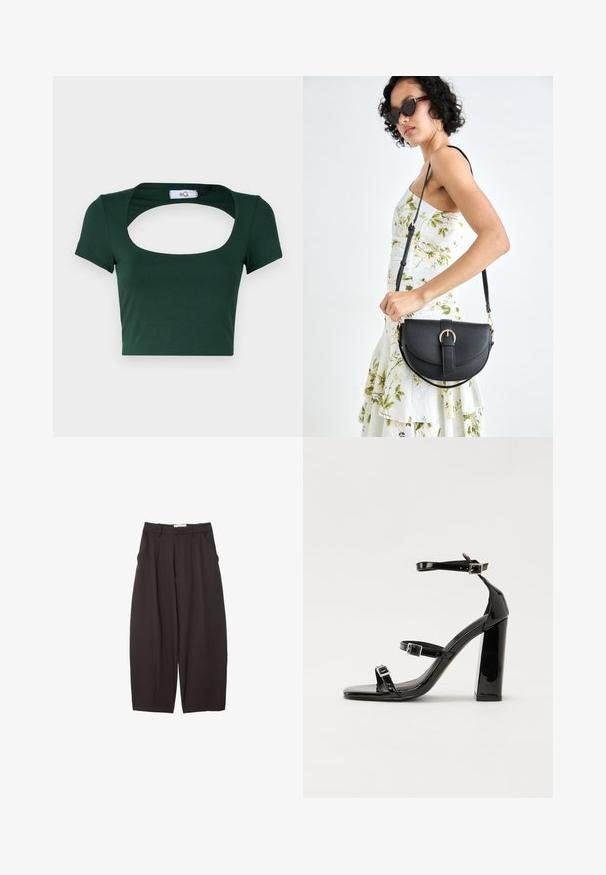 Zelené skrátené tričko vyrobené z mäkkej látky, so širokým štvorcovým výstrihom a krátkymi rukávmi, s minimálnymi švovými detailami.; Čierne široké nohavice vyrobené z hladkej tkaniny, s vysokým pásom, prednými skladmi a bočnými vreckami. Jednoduchý dizajn bez ozdôb.; Čierne lakované sandále na vysokom opätku s dvoma prackami, štvorcovou špičkou a hrubým blokovým opätkom, s hladkou, lesklou textúrou.; Čierna kožená kabelka s zaobleným tvarom, odnímateľným popruhom a zlatými doplnkami. Kabelka má klopu s detailom s prackou.