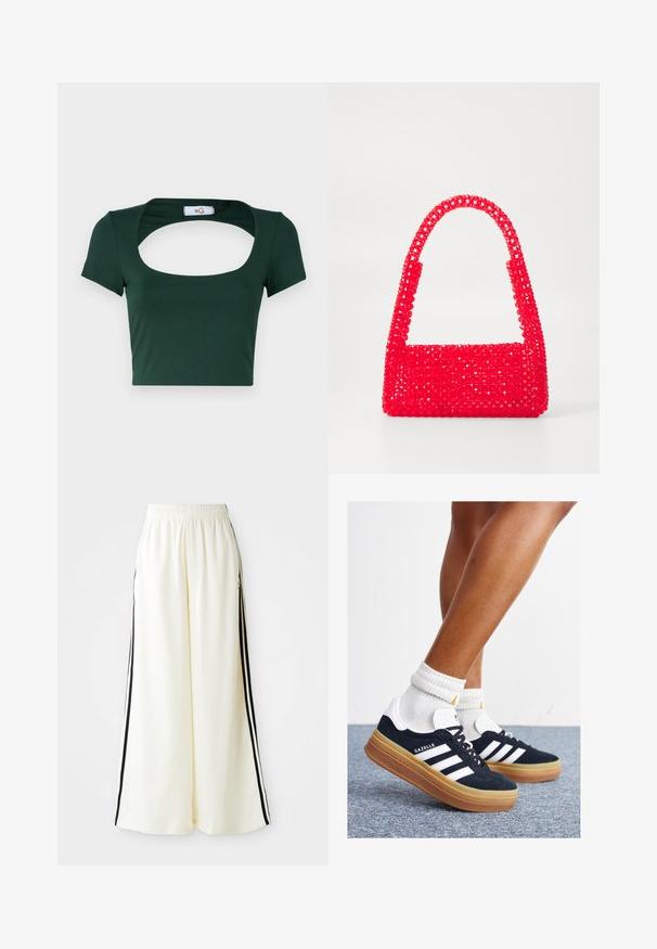 Zeleni kratek majica, narejena iz mehke tkanine, z širokim kvadratnim izrezom in kratkimi rokavi, z minimalnimi šivi.; Bele široke hlače z elastiko v pasu in črnimi vertikalnimi črtami ob zunanjih šivih.; Črni antilop superge z belimi črtami in poudarki, okrogel prst, gumijasti podplat, kombinirane z belimi rebrastimi nogavicami.; Rdeča torbica iz perlate plastike, z kvadratnim dnom in ukrivljenim ročajem. Površina ima teksturiran, sijajen zaključek s vzorcem perlic.