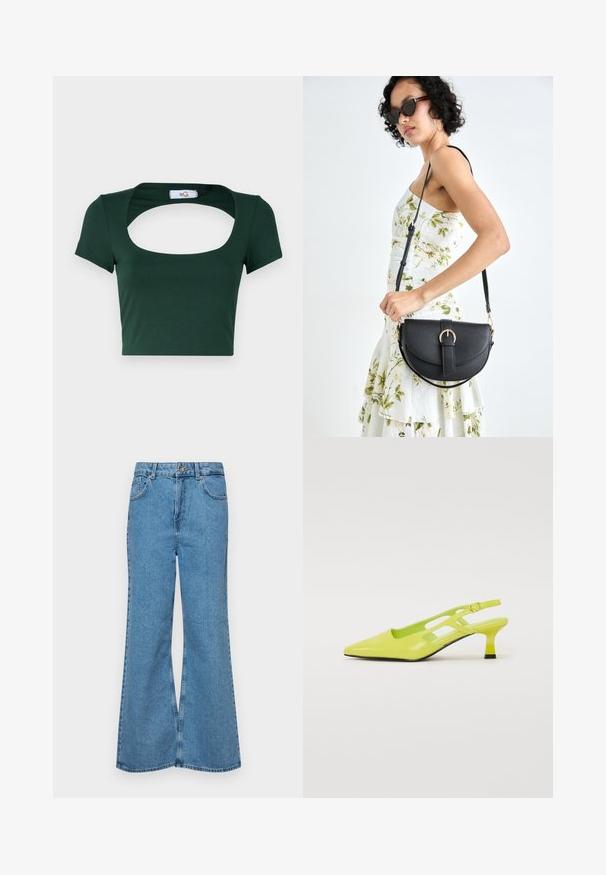 Groene cropped t-shirt van zachte stof, met een brede vierkante halslijn en korte mouwen, en minimale stikdetails.; Lichtblauwe flared jeans van denim, met een hoge taille, vijf zakken en een enkele knoopsluiting. Zachte textuur met een vervaagde afwerking.; Geel slingback schoen met een puntige neus, glanzende afwerking, uitgesneden zijontwerp en een korte, robuuste hak.; Zwarte leren handtas met een gebogen vorm, afneembare schouderband en gouden hardware. De tas heeft een klep met een gespsluiting.