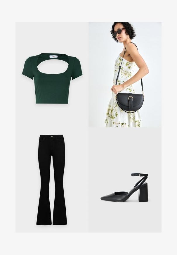 Vihreä lyhythihainen t-paita, joka on valmistettu pehmeästä kankaasta. Mallissa on leveä neliökaula-aukko ja lyhyet hihat, joissa on minimaalinen ommeltyö.; Mustat korkeavyötäröiset farkut nappi- ja vetskariyläosalla, etutaskuilla ja levenevillä lahkeilla, asetettuna tasaisesti valkoista taustaa vasten.; Mustat nahkakengät, joissa on kapea kärki, nilkkaremmi ja paksu korko. Tasainen pinta, tyylikäs muotoilu ja minimalistinen estetiikka.; Musta nahkainen käsilaukku, joka on kaareva muotoilultaan, irrotettavalla hihnalla ja kultaisilla yksityiskohdilla. Laukussa on läppä, jossa on solk yksityiskohta.