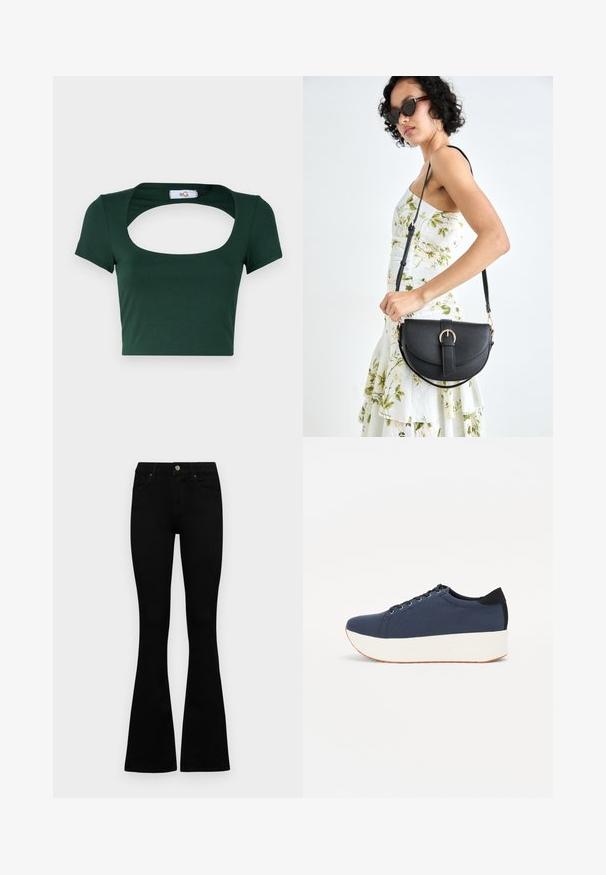 Roheline lühikesed varrukad särk pehmest kangast, millel on lai ruudukujuline kaelus ja minimaalne õmblusdetail.; Mustad kõrge vöökohtadega teksad, millel on nööp ja lukuga sulgemine, esikäe taskud ja laienevad sääred, asetatud tasasele valgele taustale.; Tumedat sinised tennised tekstureeritud riidest pealispinnaga, valge platvormi tallaga, ümarate varvaste ja musta kontsapaneeliga. Omab kuut silma paelte jaoks.; Mustmust mustraha kõverate joontega, eemaldatava rihmaga ja kuldsete detailidega. Kotil on klapp, millel on pandladetail.