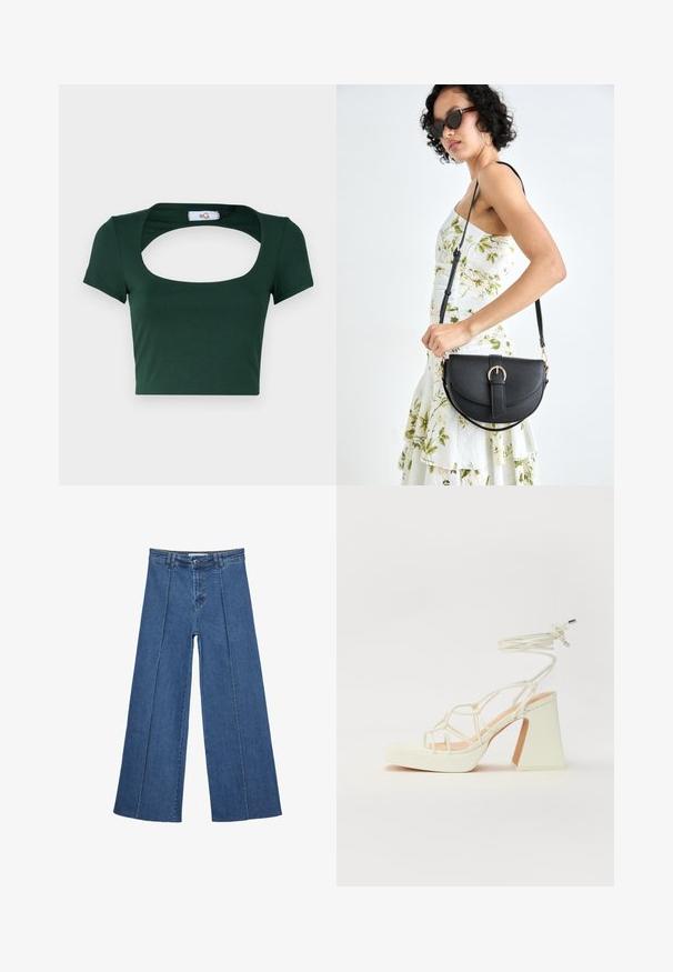 Grön kortärmad t-shirt i mjukt material, med en bred fyrkantig halsringning och korta ärmar, med minimala sömnadsdetaljer.; Vidbenade denimjeans i medelblått, med hög midja, knäppning och kontrasterande vertikala sömdetaljer längst fram.; Vit högklackad sandal med en kraftig klack, med ett remdesign och ankelband. Slät textur med en plattform framtill för ökad höjd.; Svart läderhandväska med en böjd form, avtagbar rem och guldiga detaljer. Väskan har ett lock med en spänndetalj.