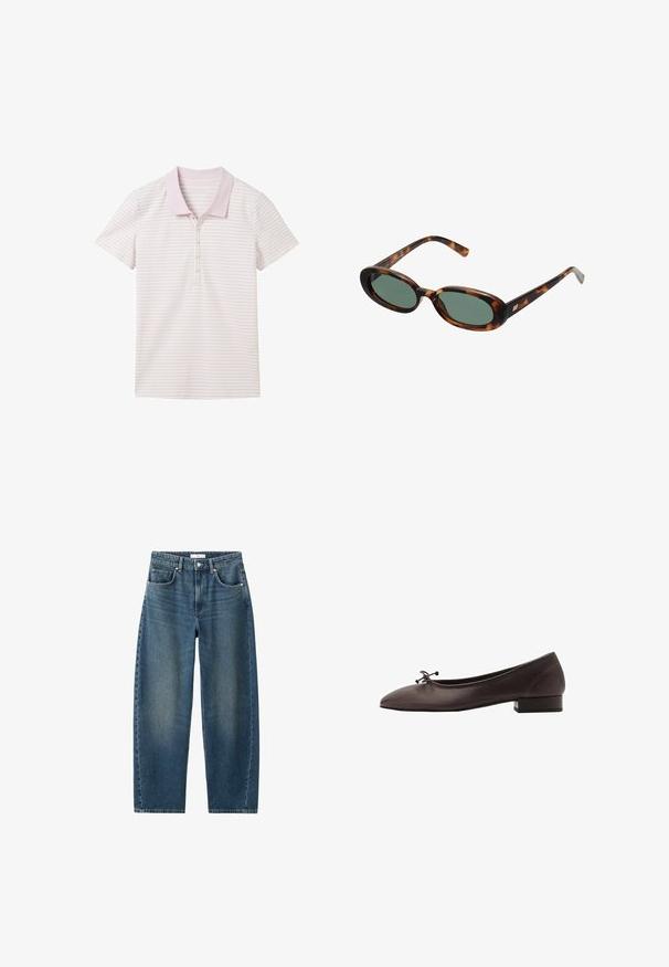 Kortærmet polo skjorte i lys pink med hvide striber, med krave og tre knaplukninger, lavet af et glat stof.; Ærmeløs hvid kjole med rund halsudskæring og en asymmetrisk kant, der draperer til en spids på den ene side.; Mørkeblå denim-jeans med lige ben, fem-lomme design og klassisk knaplukning. Blød tekstur med subtil falmning.; Brune læder balletflade med rund tå og lille blokhæl. Har en tynd sløjfe foran og diskrete syningsdetaljer.; Skildpaddemønstrede solbriller med ovale stel og grønne linser. Har tynde arme med en metallisk detalje nær hængslerne.; Vævet gul håndtaske med et buet topgreb og en ustruktureret form. Den teksturerede overflade har et krydsmønster over hele.