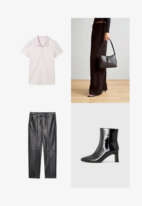 Polo de manga corta en rosa claro con rayas blancas, con cuello y tapeta de tres botones, hecho de una tela suave.; Pantalones de cuero negros con una textura suave, con un corte recto, dos bolsillos frontales y detalles de costura visibles.; Botín de charol negro con punta afilada y un tacón de bloque de altura media. Textura suave y diseño minimalista.; Bolso negro con forma estructurada, textura suave y un cierre metálico. Combinado con pantalones anchos negros y sandalias de dedo en un suelo de madera.