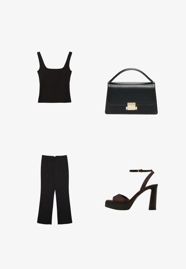 Top nero senza maniche con scollatura quadrata, realizzato in morbido tessuto di cotone, con spalline larghe e una silhouette aderente.; Pantaloni neri a gamba dritta, con tasche frontali e spacchi laterali all'orlo. Realizzati in tessuto morbido e liscio. Adatti a diverse occasioni.; Sandal in camoscio marrone con tacco alto, punta aperta, cinturino alla caviglia regolabile e suola a piattaforma striata.; Borsa a tracolla in pelle nera con design strutturato, manico superiore e dettaglio in metallo dorato sulla parte frontale. Texture liscia, cuciture minime.