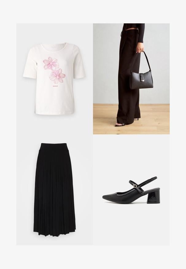 Biele tričko s krátkym rukávom vyrobené z bavlny, zdobené ružovými kvetinovými vzormi a textom "TOM TAILOR" pod grafikou.; Čierna plisovaná sukňa s vysokým, elastickým pásom. Vyrobená z mäkkej látky, pričom má vertikálne plisovanie pre plynulý siluetu.; Čierne lakované kožené lodičky so slingback dizajnom, špicatou špičkou, zaobleným výrezom a blokovým podpätkom. Obsahuje akcent zlatého tónu s prackou.; Čierna kabelka so štruktúrovaným tvarom, hladkou textúrou a kovovou sponou. V kombinácii so širokými čiernymi nohavicami a sandálmi s otvorenou špičkou na drevenej podlahe.