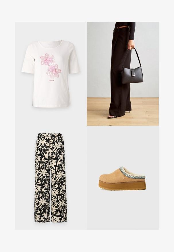 Weißes T-Shirt mit kurzen Ärmeln aus Baumwolle, das rosa Blumenmuster und den Schriftzug "TOM TAILOR" unter den Grafiken trägt.; Schwarze weit geschnittene Hose mit einem cremefarbenen Blumenmuster. Hergestellt aus leichtem Stoff, mit einer glatten Textur und einem hohen Bund.; Brauner Slip-On-Clog mit strukturiertem Wildleder-Obermaterial, einem weichen Futter und einem bunten gewebten Akzent um den Kragen. Dicke Plattformsohle.; Schwarze Handtasche mit strukturierter Form, glatter Textur und einem metallischen Verschluss. Kombiniert mit weiten schwarzen Hosen und offenen Sandalen auf einem Holzboden.