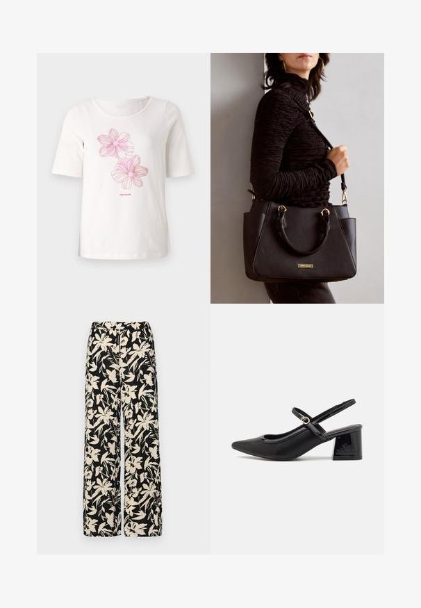T-shirt blanc à manches courtes en coton, avec des motifs floraux roses et le texte "TOM TAILOR" en dessous des graphiques.; Pantalon large noir avec un motif floral crème. Fabriqué en tissu léger, il présente une texture lisse et une taille haute.; Escarpins slingback en cuir verni noir avec un embout pointu, un design à découpes arrondies et un talon carré. Présente un accent de boucle en ton doré.; Sac à main noir avec surface texturée, deux poignées supérieures et bandoulière réglable. Doté de quincaillerie dorée et de poches latérales.