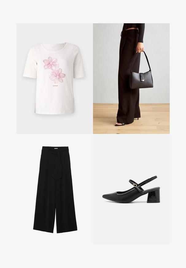 Camiseta corta de manga blanca, hecha de algodón, con diseños florales en tonos rosa y el texto "TOM TAILOR" debajo de los gráficos.; Pantalones de pierna ancha negros con un tejido texturizado, una cinturilla elástica y un lazo desmontable en la cintura para un ajuste ajustable.; Tacones slingback de charol negro con punta afilada, un diseño de corte redondeado y tacón bloque. Incluye un detalle de hebilla en tono dorado.; Bolso negro con forma estructurada, textura suave y un cierre metálico. Combinado con pantalones anchos negros y sandalias de dedo en un suelo de madera.