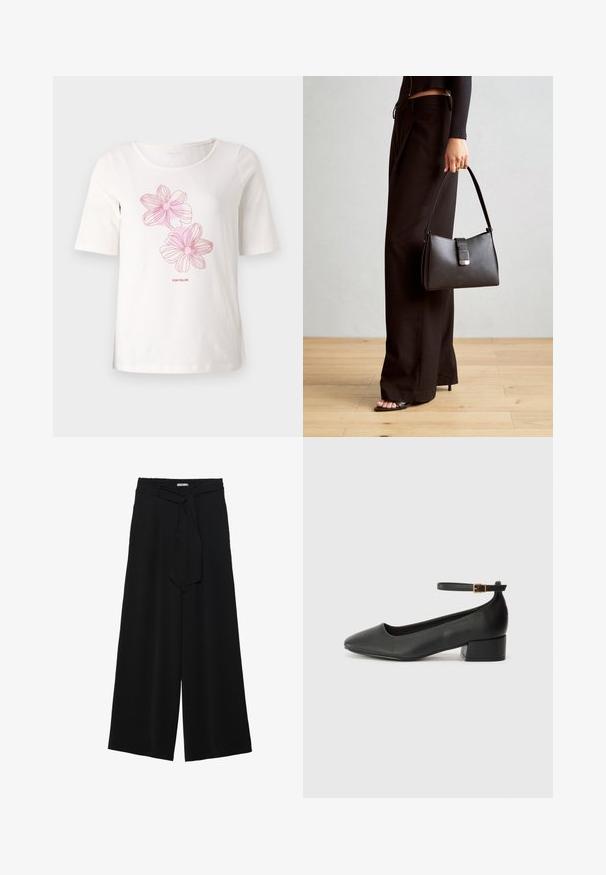 Weißes T-Shirt mit kurzen Ärmeln aus Baumwolle, das rosa Blumenmuster und den Schriftzug "TOM TAILOR" unter den Grafiken trägt.; Schwarze weite Hosen aus strukturiertem Stoff, mit elastischem Bund und einem abnehmbaren Bindegürtel in der Taille für eine verstellbare Passform.; Schwarze Lederpumps mit spitzem Zehenbereich und niedrigem Blockabsatz. Mit einem Knöchelriemen und einer goldfarbenen Schnalle. Glatte Textur.; Schwarze Handtasche mit strukturierter Form, glatter Textur und einem metallischen Verschluss. Kombiniert mit weiten schwarzen Hosen und offenen Sandalen auf einem Holzboden.