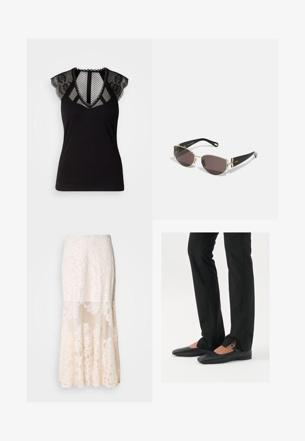 Top negro sin mangas con acentos de encaje en los hombros y un panel de malla transparente con lunares en el escote y la espalda.; Falda midi de encaje floral en crema; cuenta con un diseño en capas con secciones transparentes, encaje texturizado y un dobladillo acampanado.; Bailarinas de cuero negro con punta afilada, correa con hebilla de plata, combinadas con pantalones negros ajustados que presentan un dobladillo con abertura.; Gafas de sol negras y doradas con un marco ovalado estrecho, lentes oscuros y detalles decorativos en las patillas. Diseño ligero y elegante.; Pendientes de aro de plata con un acabado liso y pulido. Forma redonda y cierre de click seguro. Diseño ligero adecuado para el uso diario.