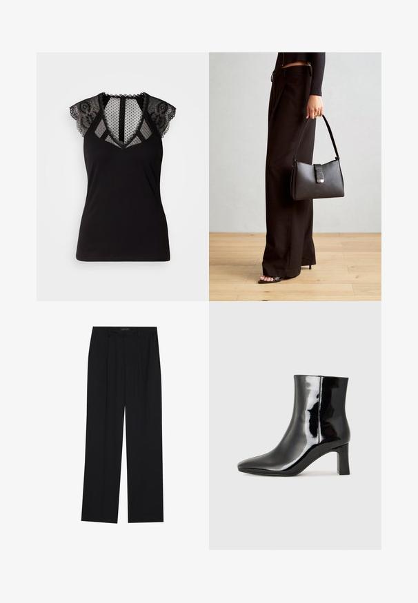 Čierny top bez rukávov s čipkovými detailmi na pleciach a priehľadnou sieťovinou s bodkami na výstrihu a chrbte.; Čierne nohavice so strihom rovného nohu, s dvoma prednými vreckami a pásom. Vyrobené z hladkej, ľahkej textílie.; Čierne lakované členkové topánky s špicatou špičkou a stredne vysokým blokovým podpätkom. Hladká textúra a minimalistický dizajn.; Čierna kabelka so štruktúrovaným tvarom, hladkou textúrou a kovovou sponou. V kombinácii so širokými čiernymi nohavicami a sandálmi s otvorenou špičkou na drevenej podlahe.