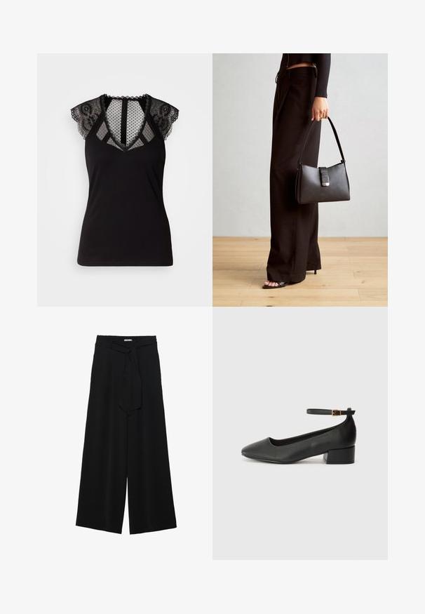 Czarny bezrękawnik z koronkowymi akcentami na ramionach oraz przezroczystą, w kropki siateczką przy dekolcie i plecach.; Czarne spodnie szerokie z teksturowanej tkaniny, z elastycznym paskiem w talii i odpinanym paskiem w talii dla regulowanego dopasowania.; Czarne skórzane szpilki z ostrym noskiem i niskim słupkowym obcasem. Wyposażone w pasek na kostkę z złotym zapięciem. Gładka tekstura.; Czarna torebka o usztywnionym kształcie, gładkiej fakturze i metalowym zapięciem. Połączona z szerokimi czarnymi spodniami i sandałami na otwartym palcu na drewnianej podłodze.