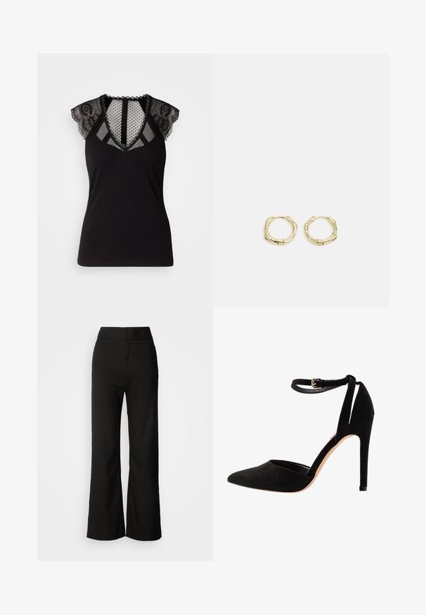 Black sleeveless top featuring lace accents on the shoulders and a sheer, polka-dotted mesh panel at the neckline and back.; Black wide-leg trousers with a smooth texture, high waist, and a clean design. No visible pockets or embellishments.; Black suede high heels with a pointed toe, ankle strap, and a stiletto heel. The design features a smooth texture with minimal detailing.; Gold hoop earrings with a textured, irregular shape. Features a seamless closure and a polished surface finish, emphasizing a modern design.