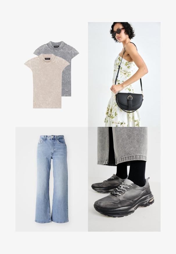 Dvije majice kratkih rukava u svijetloj bež i tamnosivoj boji, izrađene od mekog, teksturiranog materijala s okruglim izrezom i suptilnim uzorkom.; Svijetloplave traperice visokog struka širokih nogavica s prednjim i stražnjim džepovima, kopčanjem na gumbi i suptilnim izblijedjenjem na bedrima i rubovima.; Crne i sivo sportske cipele imaju mrežastu gornjište, debele potplate i vezice. Imaju zaobljen vrh i vidljive detalje s jastučićima.; Crna kožna torba s lukovitim oblikom, odvojivim remenom i zlatnim detaljima. Torba ima preklop s kopčom.