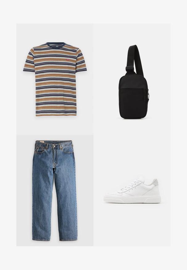 Gestreiftes T-Shirt mit kurzen Ärmeln, ausgestattet mit horizontalen Streifen in Braun, Marineblau, Weiß und Blau; aus Baumwolle, runder Halsausschnitt, kleines Logo auf der Brust.; Blaue Jeans aus Denim mit geradem Schnitt, hohem Bund, kupfernen Nieten und orangefarbener Naht. Mit Vorder- und Hintertaschen.; Weiße Leder-Sneaker mit glatter Oberfläche, rundem Zehenbereich, flachen Schnürsenkeln und strukturiertem Schuhsohlen. Graues Wildleder-Detail an der Ferse.; Schwarze Umhängetasche aus robustem Gewebe, mit einem verstellbaren Tragegurt, einem Reißverschluss-Hauptfach und einer Fronttasche.