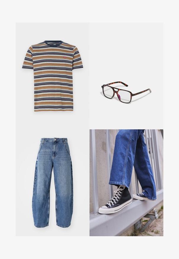 Stribet T-shirt med korte ærmer, med vandrette striber i brun, marineblå, hvid og blå; lavet af bomuld, rund halsudskæring, lille logo ved brystet.; Lys blå denim jeans med en løs, bred ben design, høj talje, fem lommer og synlige syninger.; Sorte høj-top sneakers med hvid sål og snørebånd, parret med løse blå denimjeans, hvilende på et gråt gelænder.; Skildpadde-mønstrede briller med rektangulære linser, sorte og orange stel, der har en blank finish og slanke stænger.