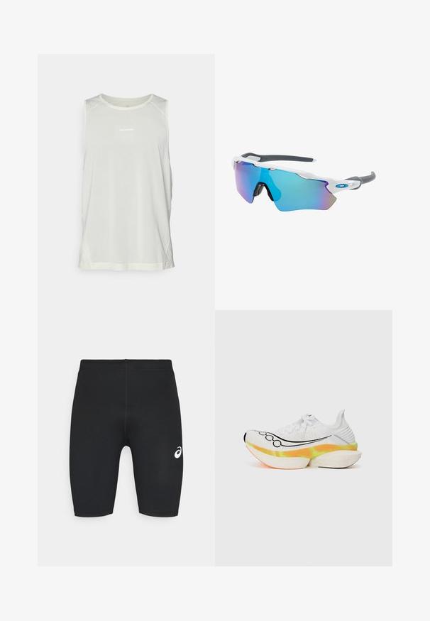 Helle graue ärmellose Sporttank mit einer Netzstruktur und einem runden Halsausschnitt. Auf der Vorderseite befindet sich das "Salomon"-Logo.; Schwarze Sportshorts mit glatter Textur, körperbetontem Design und weißem Logo auf der linken Seite. Keine sichtbaren Taschen oder Hardware-Details.; Weißer Sportschuh mit strukturiertem Mesh-Obermaterial, schwarzem Swoosh-Design und einer bunten, geschichteten Sohle mit orangefarbenen und gelben Akzenten.; Sonnenbrille mit einem weißen Rahmen, grauen Akzenten und blauen Spiegellinsen. Sportliches Design, umschließende Form und verstellbare Nasenpads.