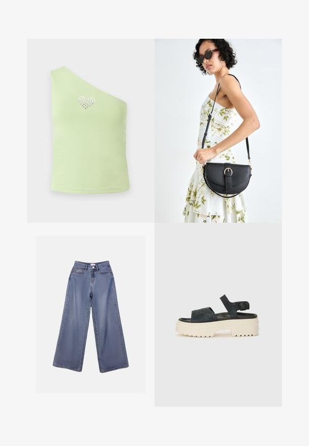 En-skulder topp i lys grønn stoff med en glatt tekstur. Har et hjerte-design laget av sølv rhinestones på brystområdet.; Bredde ben jeans i lys blå vask, med høy livhøyde, frontlommer og knappelukking med beltehemper.; Sorte semsket platåsandaler med en kraftig hvit såle, bred fremre stropp og justerbar ankelspenne. Teksturert yttersåle for godt grep.; Svart lærveske med en buet form, avtagbar stropp og gullbeslag. Vesken har et klaff med spenne-detall.