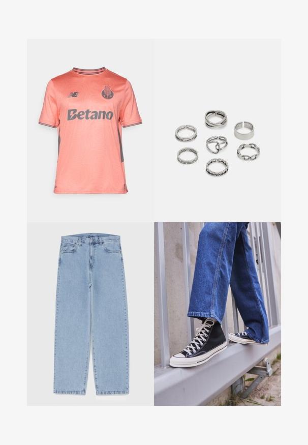 Hellrosa Kurzarm-Jersey mit strukturiertem geometrischem Muster, grauen Akzenten und Logos auf der Brust und den Schultern. Rundhalsausschnitt.; Hellblaue Jeans aus Denim mit geradem Bein, ausgestattet mit einer mittelhohen Taille, fünf Taschen sowie einem Knopf- und Reißverschluss.; Schwarze High-Top-Sneaker mit weißer Sohle und Schnürsenkeln, kombiniert mit lockeren blauen Jeans, die auf einem grauen Geländer ruhen.; Set aus sieben silbernen Ringen mit verschiedenen Designs, einschließlich verdrehter, verbundener und gravierter Muster. Unterschiedliche Formen und Breiten.