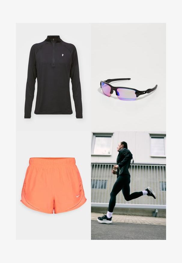 Schwarzes Langarm-Top mit Viertel-Reißverschluss, glatter Textur und figurbetontem Design. Verfügt über Raglanärmel und ein kleines weißes Logo auf der Brust.; Die korallenfarbene Nike-Shorts verfügt über einen elastischen Bund, seitliche Schlitze für mehr Beweglichkeit und ein kleines silbernes Logo auf der unteren rechten Seite. Hergestellt aus glattem, leichtem Material.; Schwarze Sportjacke mit neonfarbenen Akzenten, schwarze Leggings und schwarze Laufschuhe mit weißen Sohlen, vor einem hellgrauen Hintergrund.; Schwarze sportliche Sonnenbrille mit glänzender Oberfläche, lila verspiegelten Gläsern und gebogenen schwarzen Bügeln. Mit Logo auf dem Rahmen.