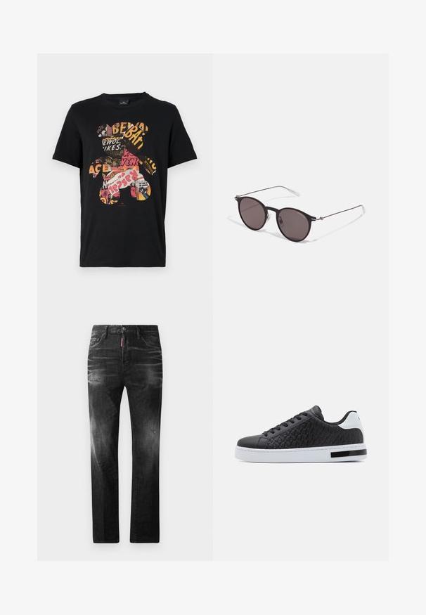 Melnas kokvilnas T-krekls ar košīgu grafiku, kurā attēlots lācis, izveidots no kolāžas stila tekstiem un attēliem, radot dzīvīgu dizainu.; Melni džinsi no denima ar taisnu piegriezumu. Iespējas ietver izbalējušas vietas, nelielas nodiluma pazīmes, klasisko piecu kabatu dizainu un pogu aizdari.; Melnās ādas sporta apaviem ir struktūrēta ģeometriska raksts sānos, baltā zole un melni akcenti, kas papildina izsmalcinātu dizainu.; Melni apaļi saulesbrilles ar tumšiem lēca un plānām metāla stangām. Iekļautas caurspīdīgas tempļu galviņas un sudraba akcenti pie eņģes. Minimalistisks dizains.