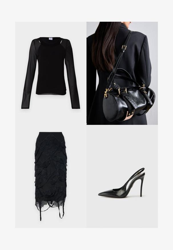 Won Hundred AGNETHA - Pitkähihainen paita - black; Musta hame, jossa on kerroksellisia pitsikoristeluja, istuva vyötärö ja säädettävät hihnat. Suunnittelussa on aaltoa muistuttava kuviointi.; Musta slingback-korkokenkä, jossa on terävä kärki, teksturoitu käärmeennahkakuosi, stilettokorko ja koristeellinen solki hihnassa.; Musta nahkakäsilaukku pyöreällä muodolla, jossa on kultaiset yksityiskohdat ja säädettävät hihnat. Korostuksia teksturoitua mustaa nahkaa ja beigepohjaista yksityiskohtaa.