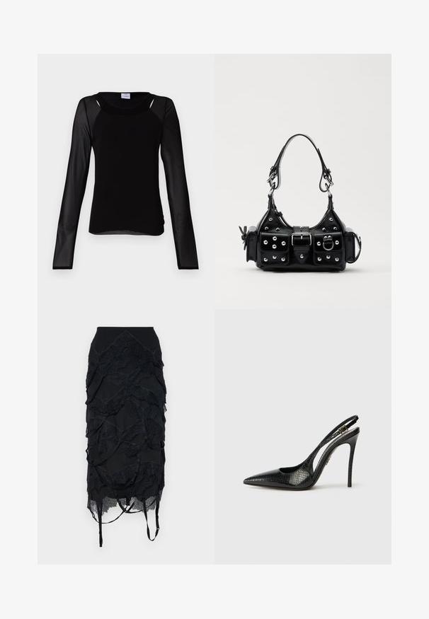 Won Hundred AGNETHA - Langærmet T-shirt - black; Sort nederdel med lagdelte blondeaccenter, en tætsiddende talje og justerbare stropper. Designet inkluderer et bølge-lignende mønster gennem det hele.; Sort slingback pumpe med spids tå, tekstureret slangemønster, stilettahæl og en dekorativ spænde på stroppen.; Sort læderhåndtaske med et buet design, prydet med sølvfarvede nitter, en spænde og to sidelommer. Justerbar rem til forskellige bære muligheder.