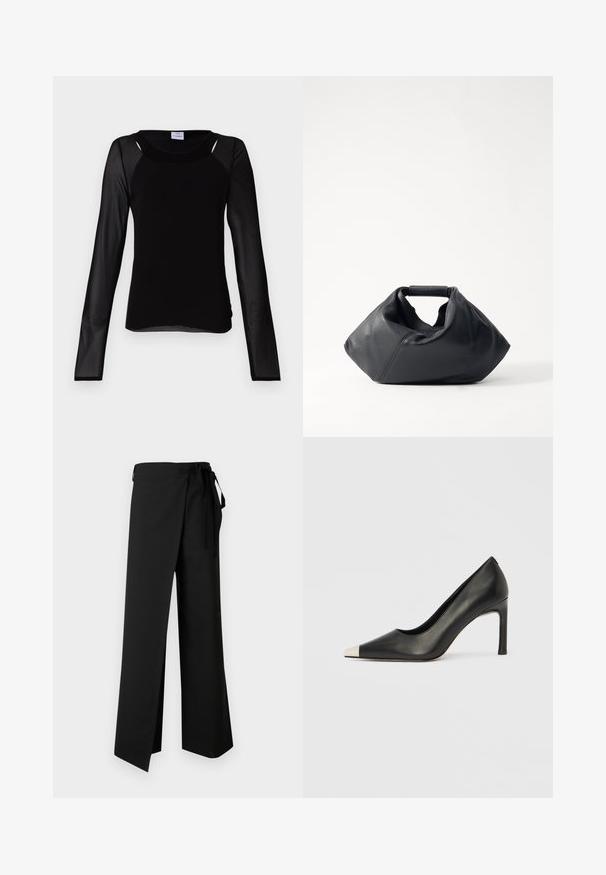Won Hundred AGNETHA - Longsleeve - black; Zwarte broek met wijde pijpen en een tailleband met strik, met een gladde textuur en een vooraan gesplitst ontwerp, ontworpen voor comfort en bewegingsvrijheid.; Zwarte leren hoge hak met een spits toelopende neus en een metalen zilverkleurige kap. Heeft een gladde afwerking en een slanke hak van 10 cm.; Zwarte leren tas met een gestructureerde buitenkant, unieke geplooide vorm en een kort handvat. Voorzien van een enkel hoofdvak.